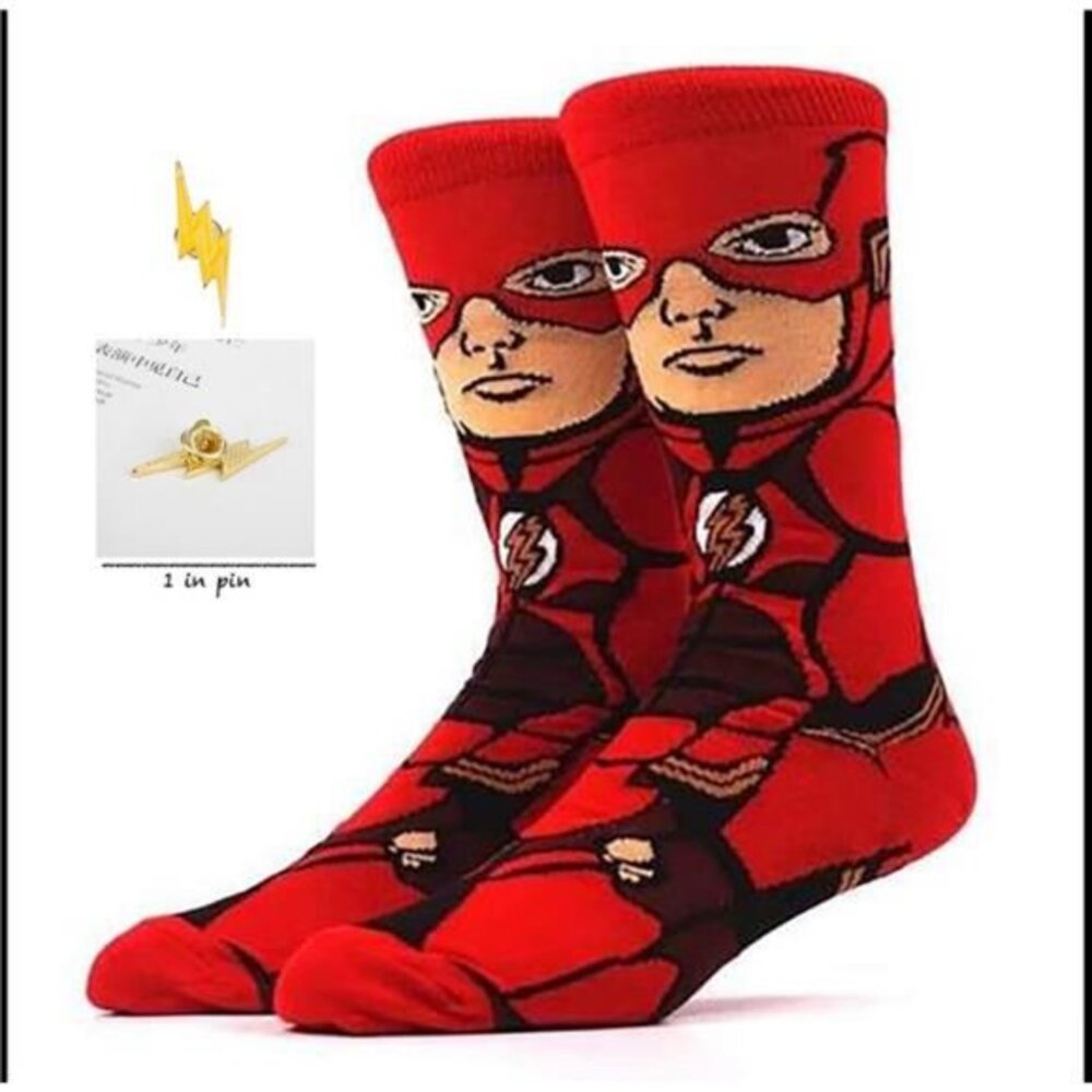 NEW THE FLASH Gift Bundle!  Set of Crew Socks & Pin Brooch DC Comics w Gift Box‎
